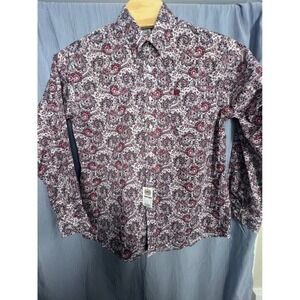 Cinch Mens Small Paisley Long Sleeve Western Button Down Shirt Burgundy White